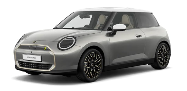 Grauer Mini Cooper Dreitürer mit schwarzen Felgen und LED-Scheinwerfern vor weißem Hintergrund