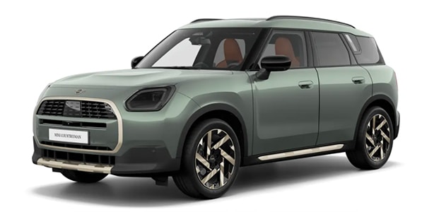 MINI Countryman in matt-grün mit schwarzem Dach und zweifarbigen Felgen frontal fotografiert