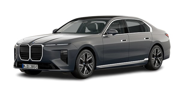 BMW i7 in der Farbe Grau als Neuwagen in Frontansicht ohne Hintergrund