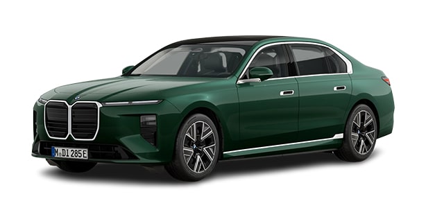 BMW i7 in der Farbe Grün als Neuwagen in Frontansicht ohne Hintergrund