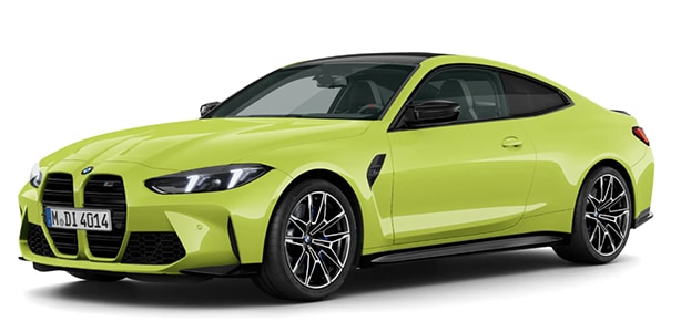 BMW M4 Competition Coupé in der Farbe Gelb als Neuwagen in Frontansicht ohne Hintergrund