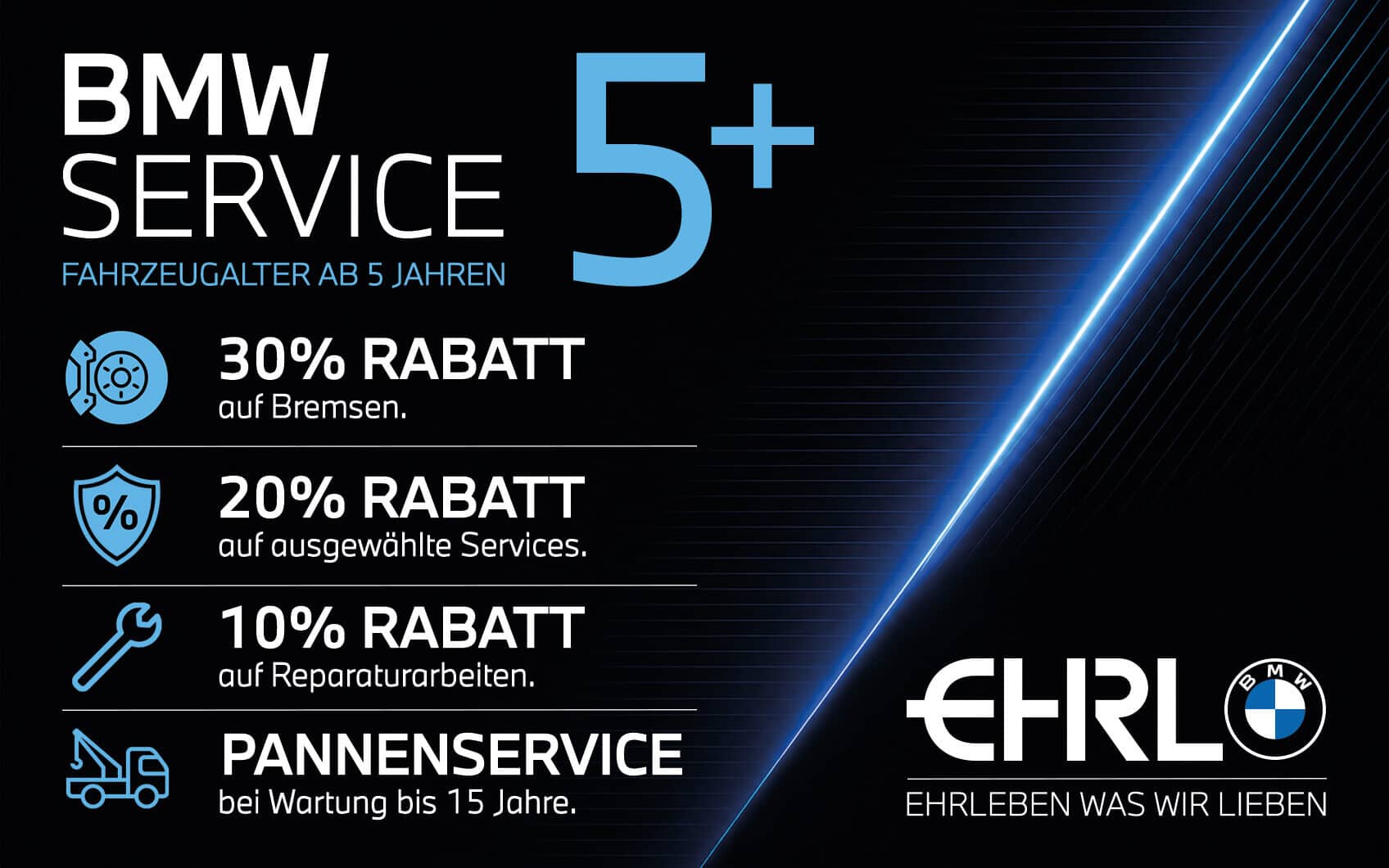 BMW Service 5+ mit Rabatten auf Bremsen, ausgewählte Services und Reparaturarbeiten sowie Pannenservice.